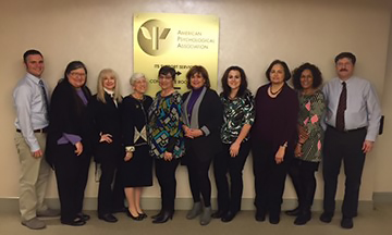 Board members from left: Council of Executives of State, Provincial (and Territorial) Psychological Associations Representative Tom Cote, Executive Director Connie Paul, APA Council Representative Lisa Grossman, President-elect Linda Knauss, President Dinelia Rosa, Treasurer Nan Klein, Student Representative Jennifer Doran, Member at Large Mera Kachgal, Past President Cathy McDaniels-Wilson and Secretary Peter Oppenheimer.