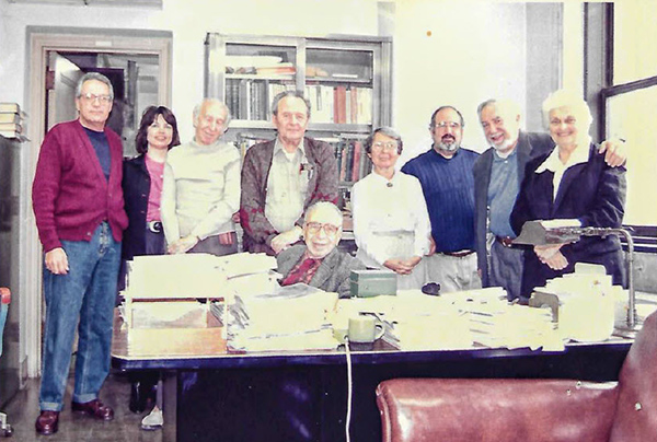 Department of Animal Behavior -American Museum of Natural History, ca 1987: Gary Greenberg, Kathy Hood, Leo Vroman, Jay Rosenblatt, Tineke Vroman, Peter Gold, John Gianutsos, EthelTobach, with Lester Aronson at his desk.