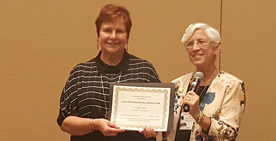Nan Klein, PhD, of the Utah Psychological Association was recognized by President Knauss for the association's success in passing legislation to become part of PSYPACT.