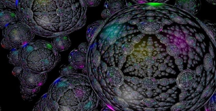 translucent balls against a black screen