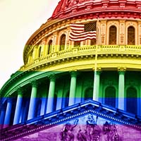 capitol with overlay of colorful flag