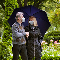 A couple wearing masks and walking together