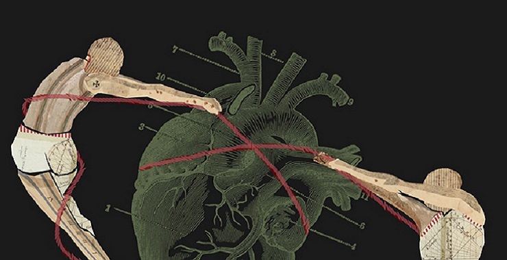 Two human figures wrapping red thread around a green heart
