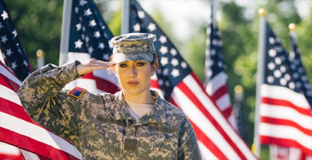 Female soldier with American flag on background